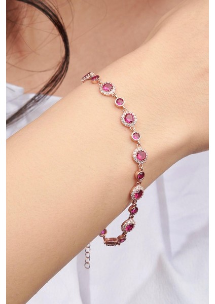 Gümüş Rose Kaplama Koyu Pembe Zirkon ve Yakut Taşlı Bileklik
