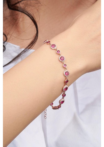 Gümüş Rose Kaplama Koyu Pembe Zirkon ve Yakut Taşlı Bileklik modelleri
