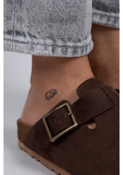 Zeta Kadın Hakiki Deri Kemerli Tokalı Koyu Kahve - Oksit Terlik modelleri
