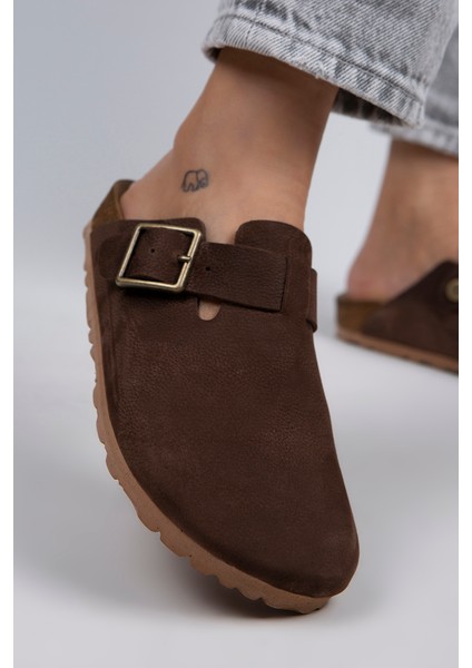Zeta Kadın Hakiki Deri Kemerli Tokalı Koyu Kahve - Oksit Terlik fırsatları
