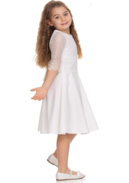 Kids 894 Kız Çocuk Güpürlü Elbise - Krem - ST00661-KREM-8 Yaş