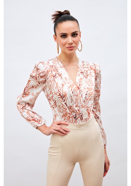 Kruvaze Desenli Bodysuit - Kahve