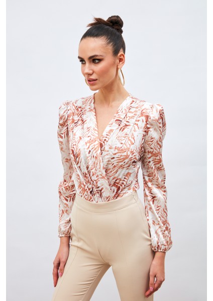 Kruvaze Desenli Bodysuit - Kahve
