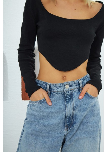 Trendy Sen Moon Skinny Kadın Crop Top Siyah