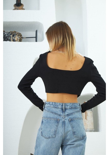 Trendy Sen Moon Skinny Kadın Crop Top Siyah