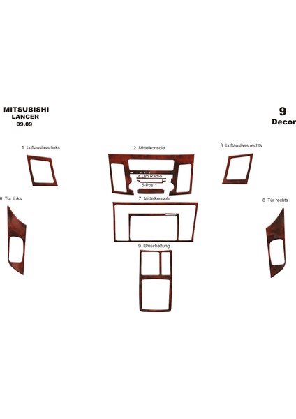 Meriç® Mitsubishi Lancer Ön Torpido Kaplama Maun 9 Parça 2009-2016
