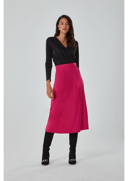 Saten Dökümlü Fuşya Etek