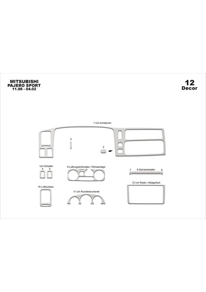 Meriç® Mitsubishi Pajero Sport Ön Torpido Kaplama Maun 12 P. 1998-2002