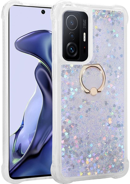 - Xiaomi Mi 11T 5G - Kılıf Yüzüklü Simli Sıvılı Milce Kapak - Gümüş - T26423
