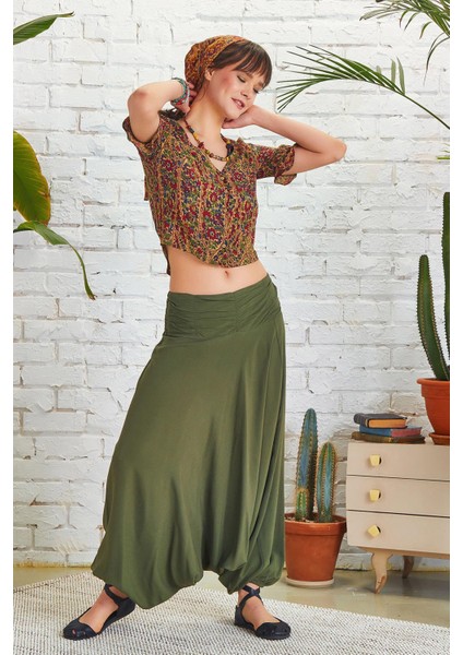 Drape Detay Beli Lastikli Şalvar Pantolon