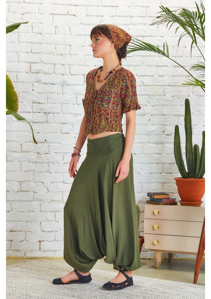 Drape Detay Beli Lastikli Şalvar Pantolon