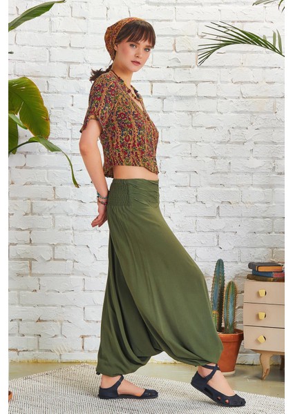 Drape Detay Beli Lastikli Şalvar Pantolon
