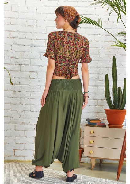 Drape Detay Beli Lastikli Şalvar Pantolon
