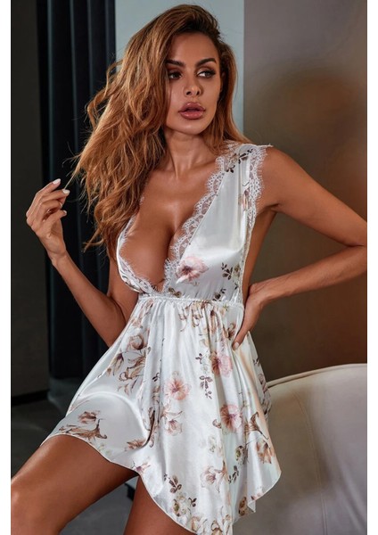 Kadın Çiçek Desenli V Yaka Saten Gecelik