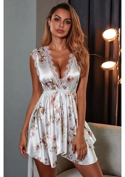 Kadın Çiçek Desenli V Yaka Saten Gecelik fiyatları