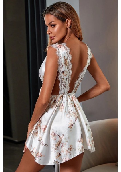 Kadın Çiçek Desenli V Yaka Saten Gecelik modelleri