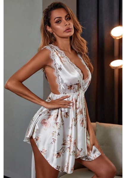 Kadın Çiçek Desenli V Yaka Saten Gecelik indirimleri