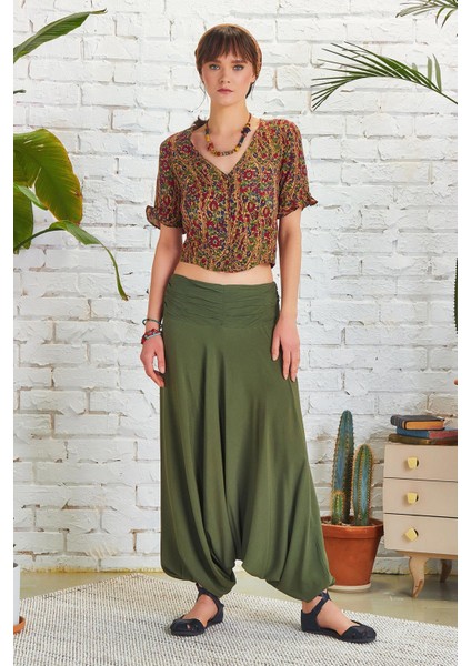 Drape Detay Beli Lastikli Şalvar Pantolon