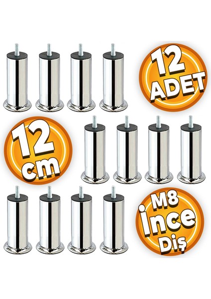 Mobilya Kanepe Koltuk Baza Yatak Çekyat Yükseltme Ayağı M8 Ince Diş Metal Ayakları 12 Cm 12 Adet