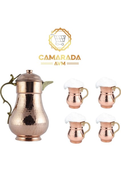 Camarada Avm Bakır Sürahi 2 Litre , 4 x Ayran Bardagı Komple Set