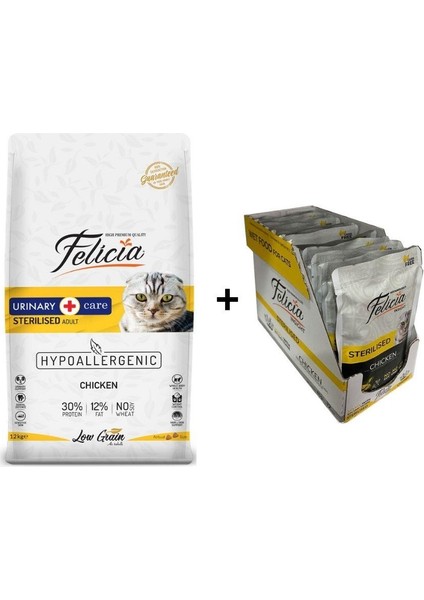 Tavuklu Kısırlaştırılmış Yetişkin Kedi Maması 12 kg + 12 Adet Felicia Tavkulu Kısır Yaş Mama 85 gr