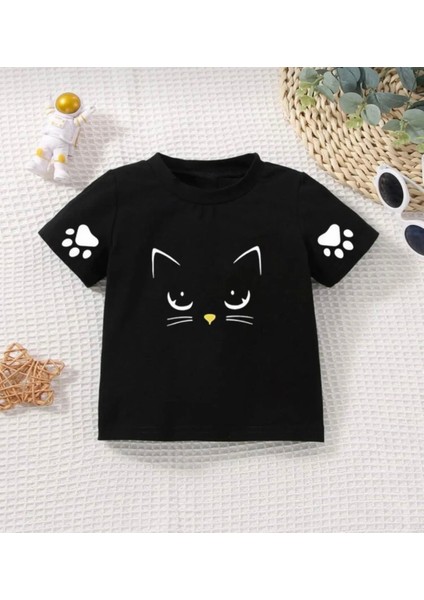 Bisiklet Yaka Sevimli Kedicik Baskılı Pamuk Oversize Kız Çocuk T-Shirt