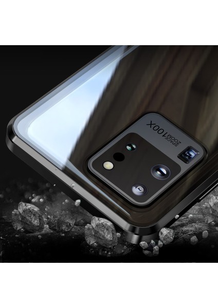 Cep Telefon Torbası Kılıfı Manyetik Kurulum Metal Çerçeve + Temperli Cam Tam Kaplama Telefon Kabuğu [destek Parmak Izi Kilidi] Samsung Galaxy S20 Ultra (Yurt Dışından)