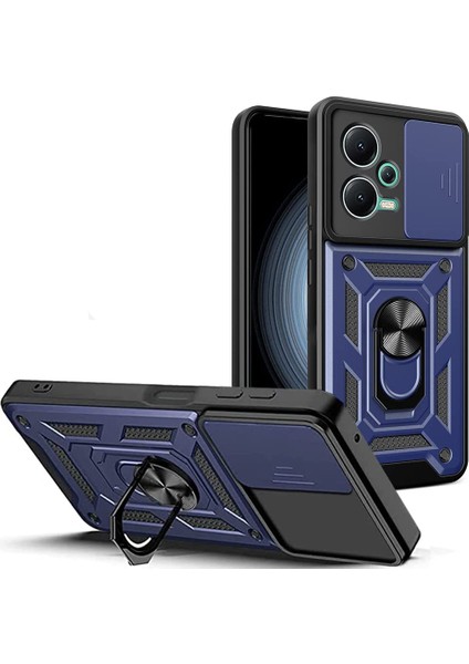 Xiaomi Redmi Note 12 Pro 5G Kılıf Kamera Korumalı Sürgülü Vega Yüzüklü Armor Military Tank Zırh Lacivert