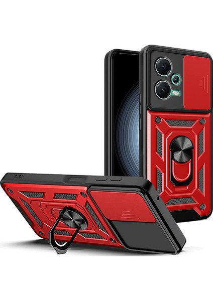Xiaomi Redmi Note 12 5G Kılıf Kamera Korumalı Sürgülü Vega Yüzüklü Armor Military Tank Zırh Kırmızı