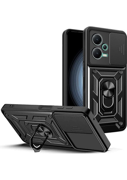 Xiaomi Redmi Note 12 5G Kılıf Kamera Korumalı Sürgülü Vega Yüzüklü Armor Military Tank Zırh Siyah