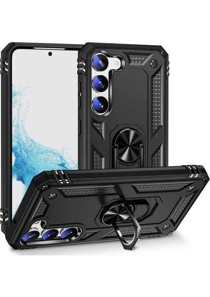 Samsung Galaxy S23 Kılıf Armor Serisi Vega Tank Zırh Metal Yüzüklü Standlı Siyah