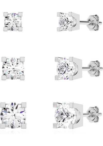 3 Boy Tek Taş Kombin Beyaz Gümüş Küpe