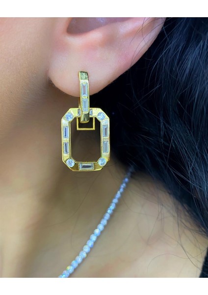 Kadın Gümüş Baget Taşlı Çengel Küpe