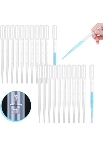 100 Adet - 3ml Plastik Pastör Pipet, Taksimatlı Likit Pipeti