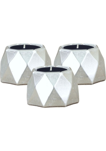 Şamdan Dekoratif Mumluk Gümüş Şamdan Set 3 Lü (Üçlü) Tealight Uyumlu Poly 1 Model