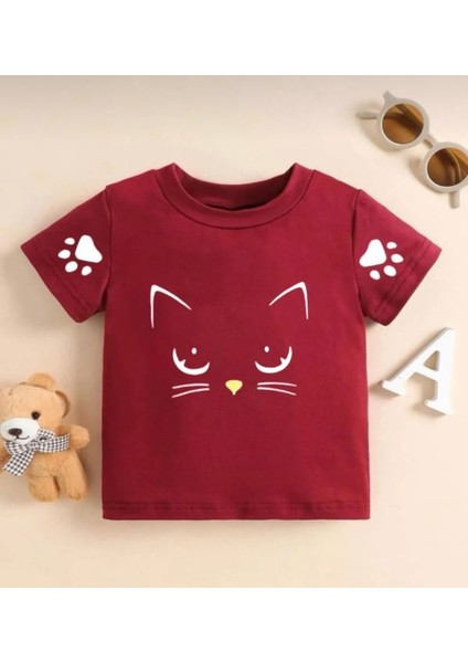 Bisiklet Yaka Kedicik Pati Baskılı Pamuk Oversize Kız Çocuk T-Shirt