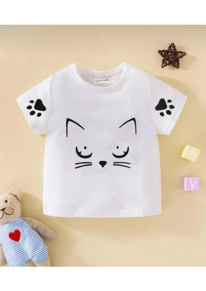 Bisiklet Yaka Kedicik Pati Baskılı Oversize Kız Çocuk T-Shirt