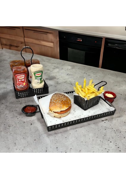 Metal Cafe, Restaurant, Ev, Ofis Sunum Tepsisi, Cafe ve Restaurant Burger Sunum Tepsisi Sofra, Masa Ekipman Model-1 Siyah