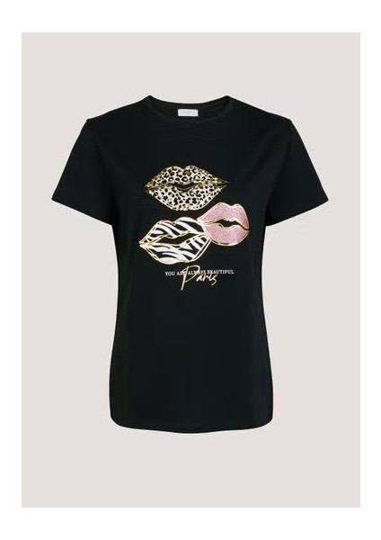 %100 Pamuk Zebra ve Leopar Baskılı Bisiklet Yaka Kadın T-Shirt KT01921 indirimleri