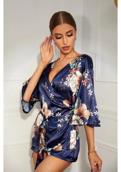 Kadın Lacivert Çiçek Desenli Kimono modelleri