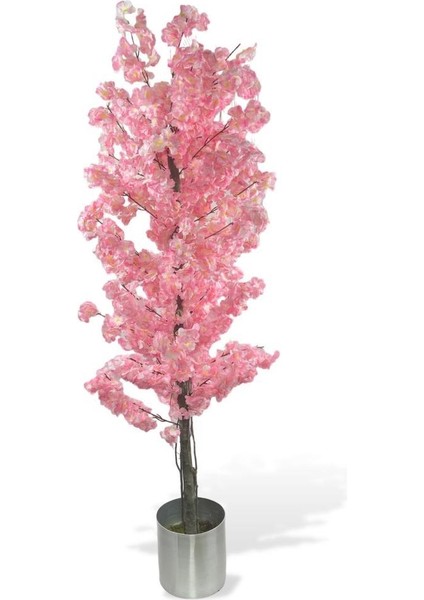 Yapay Ağaç Japon Kiraz Çiçeği Bahardalı Ağacı Galvaniz Saksıda Pembe Koyu Renkli 180CM