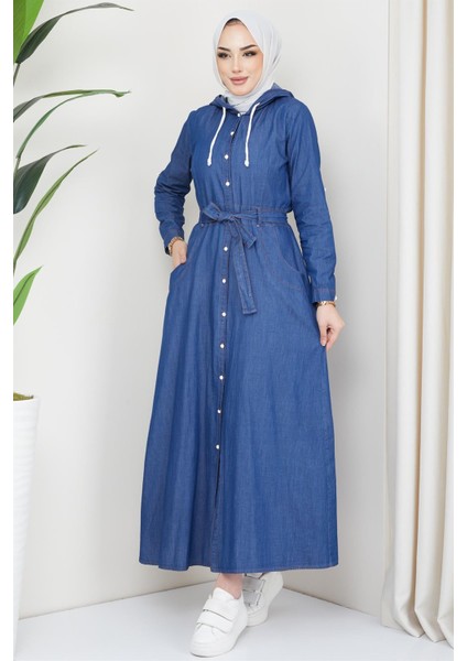 Boydan Düğmeli Kuşaklı Kot Elbise Koyu Mavi
