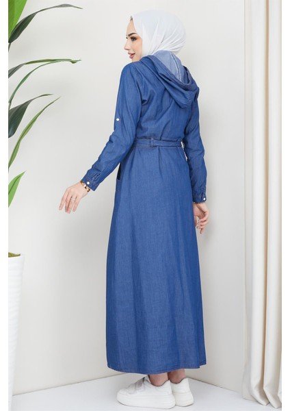Boydan Düğmeli Kuşaklı Kot Elbise Koyu Mavi fiyatları
