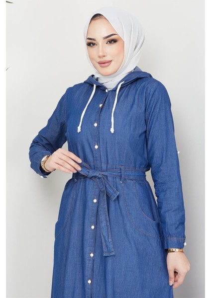 Boydan Düğmeli Kuşaklı Kot Elbise Koyu Mavi modelleri