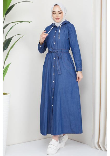 Boydan Düğmeli Kuşaklı Kot Elbise Koyu Mavi fırsatları
