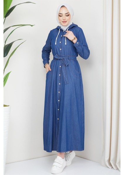 Boydan Düğmeli Kuşaklı Kot Elbise Koyu Mavi indirimleri