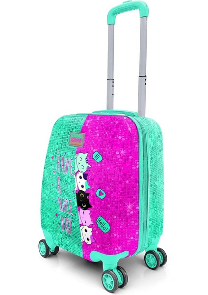 Kids Pembe Su Yeşili Kedi Desenli Çocuk Valizi 16725