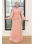 Tesettür Abiye Elbise - Drape Detaylı Pudra Tesettür Abiye Elbise 5711PD 1