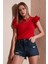 Pamuklu Kolları Fırfırlı Slim Fit Bisiklet Yaka T Shirt Bayan T Shirt 5864500 3