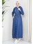 Boydan Düğmeli Kuşaklı Kot Elbise Koyu Mavi 5